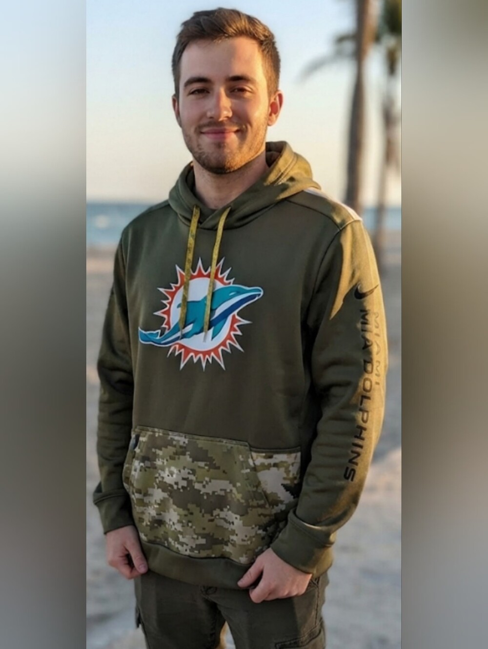 Nike Olive Green Miami Dolphins Pullover Hoodie with Camo Pocket
